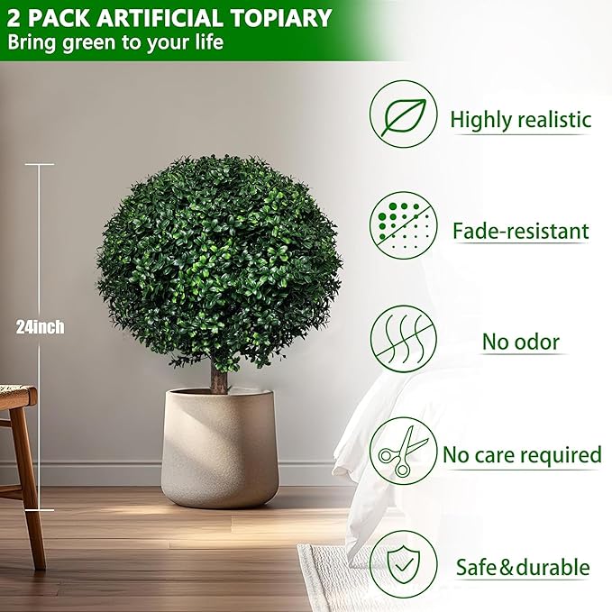 Artificial Boxwood Topiary Ball Tree Outdoor Set of 2,Artificial Boxwood Plants with Ground Spike,Faux Shrubs Fake Evergreen Tree UV Resistant,Diameter 17"-VerdiqueGarden