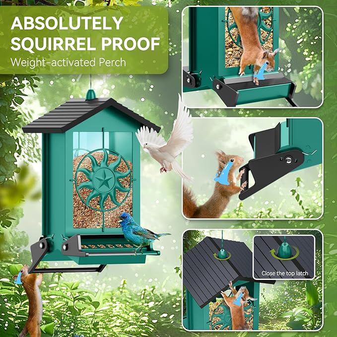 Squirrel Proof Bird Feeders for Outdoors, 5LBS Large Capacity Metal Wild Bird Feeder with Bilateral Weight-Activated Perches, Anti Squirrel Bird Feeders for Outside Finch, Cardinal, Blue Jay (Green)-VerdiqueGarden