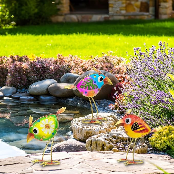 Garden Decor Metal & Glass Bird Decor for Indoor & Outdoor Set of 3 Birds, Lawn Ornaments for Patio Yard Porch, Outdoor Statue Decorations-VerdiqueGarden