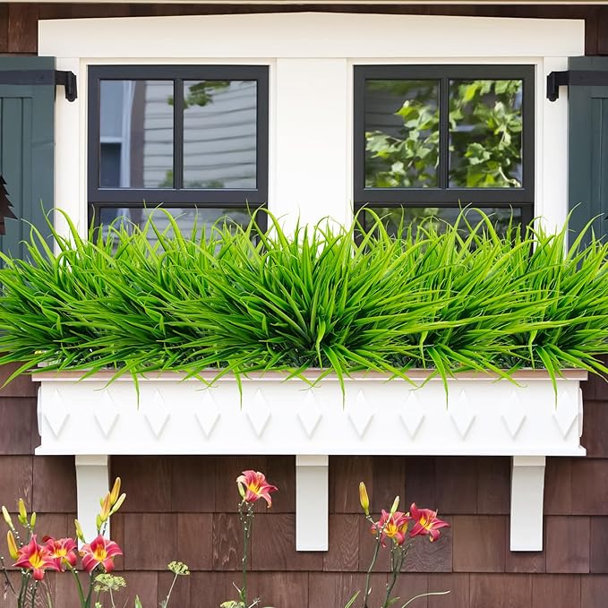 Uieke 12 Bundles Artificial Outdoor Plants UV Resistant Fake Grass Plants Faux Plastic Plants Greenery Shrubs for Home Garden Pathway Window Box Front Porch Spring Summer Decor, Green-VerdiqueGarden
