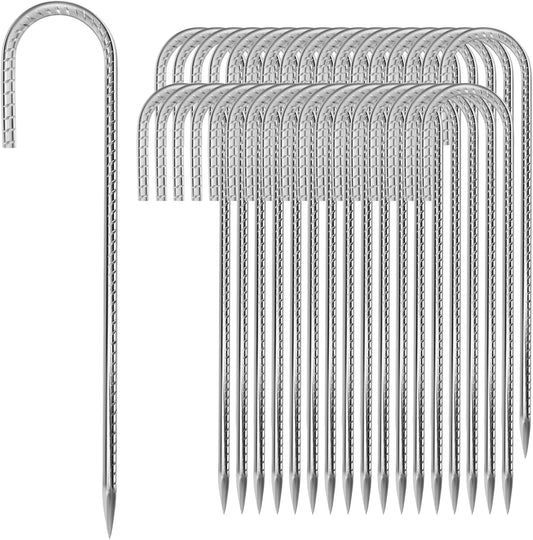 12 inches Tent Stakes Heavy Duty 34-Pack, 5/16" Diameter J Hook Fence Stakes Rebar Ground Stake for Inflatables, Tarp, Yard Lawn Outdoor Decoration-VerdiqueGarden