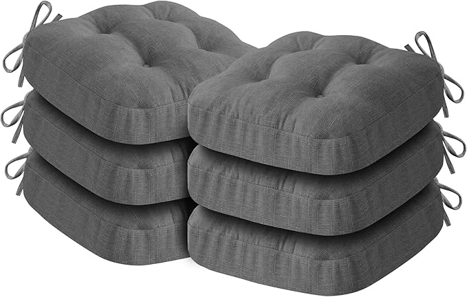 Chair Cushions for Dining Chairs, Dining Chair Cushions, Tufted Indoor Chair Pads with Ties & Non Slip Backing, Seat Cushions for Kitchen Chairs 16.5” x 16.5” x 3.5”, Set of 6, Grey-VerdiqueGarden