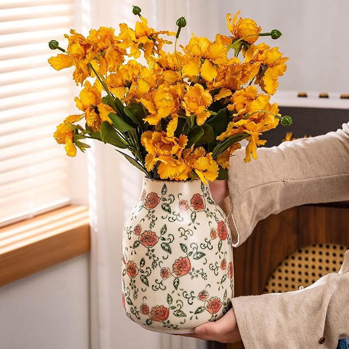 Green and Beige Vintage Round Vase, Red Rose Chinoiserie Floral Vase, Farmhouse Antique Decorative Ceramic Flower Vases for Bouquet, Home Decor, Living Room, Bookshelf, Office, Tuscan Decor 7.8 Inch-VerdiqueGarden
