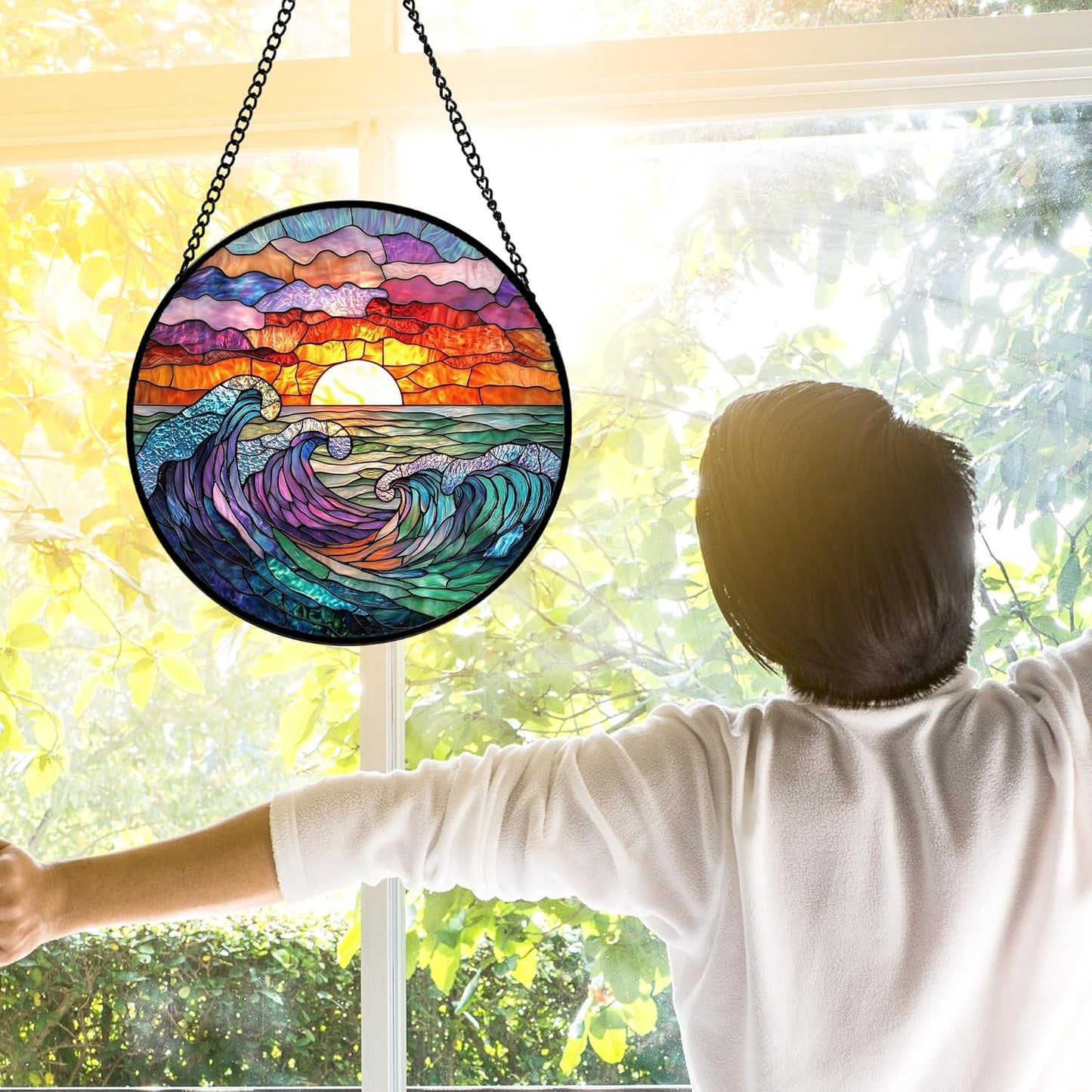 Stained Glass Window Hanging, Clouds and Sea Waves Suncatcher Diamond Glass Panel Hangings Scenery Sun Catchers Decor for Birthday for Women, Men, Wife, Aunt, and Mom 7.8 in-VerdiqueGarden