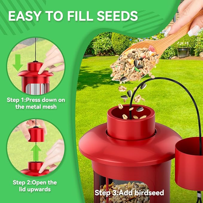 Squirrel Proof Bird Feeders for Outdoors Hanging, Metal Squirrel Proof Bird Feeder with Gravity Protection, 3LB Large Capacity Wild Bird Feeders for Outside Finch, Cardinal, Blue Jay (Red)-VerdiqueGarden