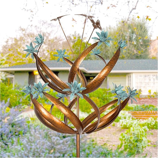 Butterfly Flower Garden Wind Spinner - Large Kinetic Outdoor Metal Wind Sculptures & Spinners Decor for Yard and Garden, Whirligigs Large Wind Spinners for Patio, Lawn, Outside (26" W x 90" H)-VerdiqueGarden