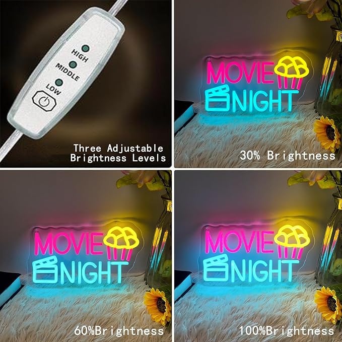 Movie Night Neon Sign With Popcorn Dimmable LED Neon Lights for Wall Decor USB Powered Light Up Signs for Bedroom Living Room Cinema Film Room Man Cave Home Bar Wedding Birthday Party-VerdiqueGarden
