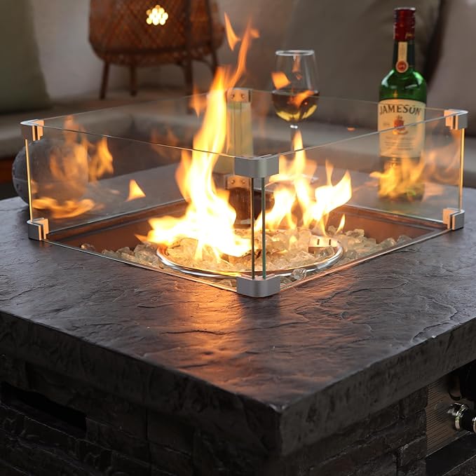 32" Outdoor Propane Fire Pit Table, Stone Fire Table Square Firepit w Glass Wind Guard(50,000 BTU), 2 Piece Slate Gas Fire Table in Deep Grey w Fire Glass, Rain Cover for Outside, Backyard-VerdiqueGarden
