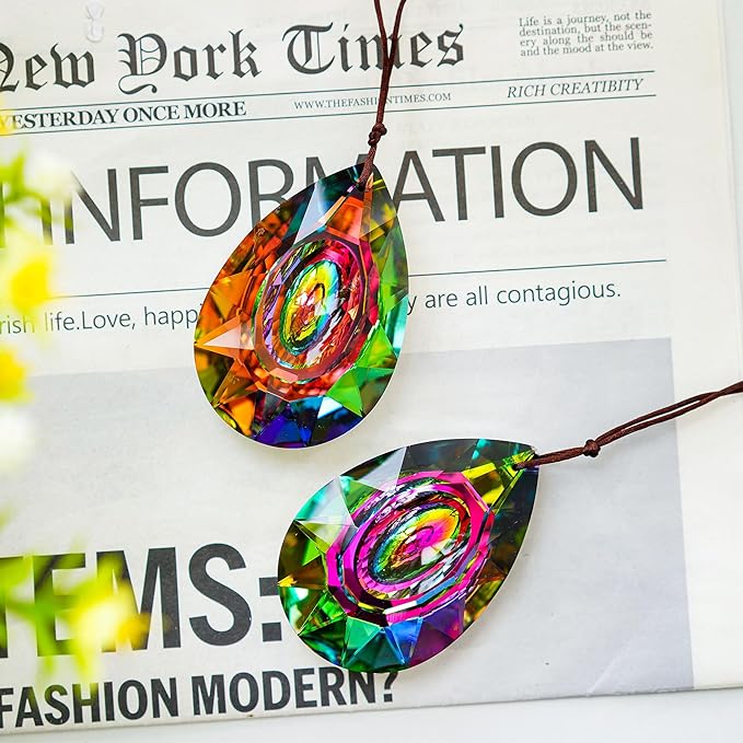 HDCRYSTALGIFTS 2PCS 76mm Crystal Prisms Suncatchers Hanging Ornament for Window, Chandelier Lamp Drops Pendant Rainbow Maker Home Garden Decoration (Single Face Colorful)-VerdiqueGarden