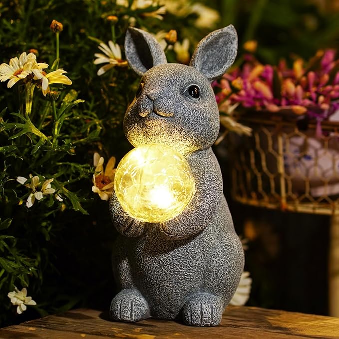Solar Garden Outdoor Statues Bunny with Gazing Ball - Outdoor Decor Garden Rabbit Statue for Patio, Balcony, Yard, Lawn Ornament - Unique Housewarming Gifts-VerdiqueGarden