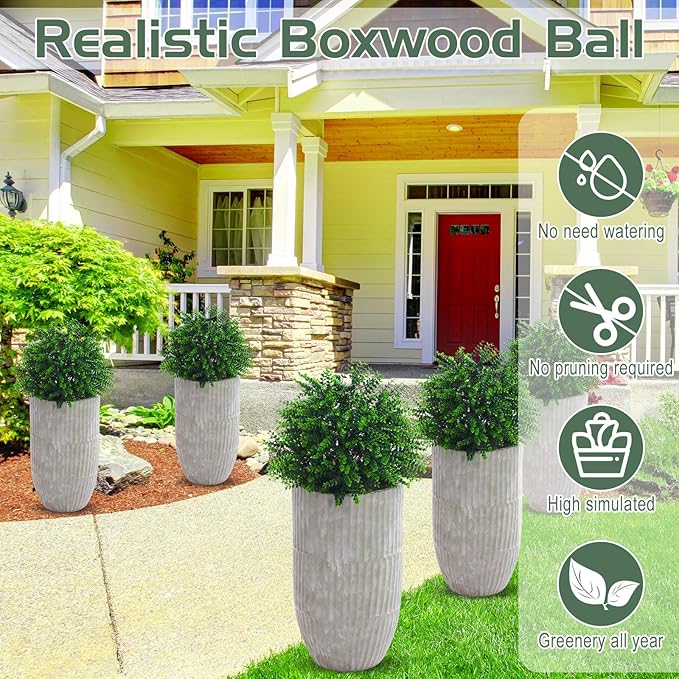 Yunlly 4 Pcs 18 Inch Artificial Boxwood Ball Topiary Tree Fake Outdoor Plants Bush, UV Resistance Faux Shrubs with Spike Realistic Greenery Potted for Indoor Garden Yard Porch Patio Decor (Green)-VerdiqueGarden