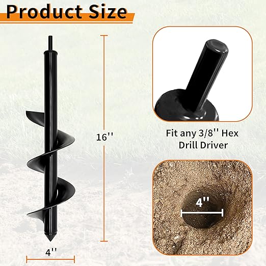 4 x 16 Inch Auger Drill Bit for Planting–Garden Spiral Hole Drill Planter for Bulbs, Bedding Plants & Umbrella Holes|3/8" Hex Drive|The Ultimate Bulb Planter Tool for Cordless Drill-VerdiqueGarden