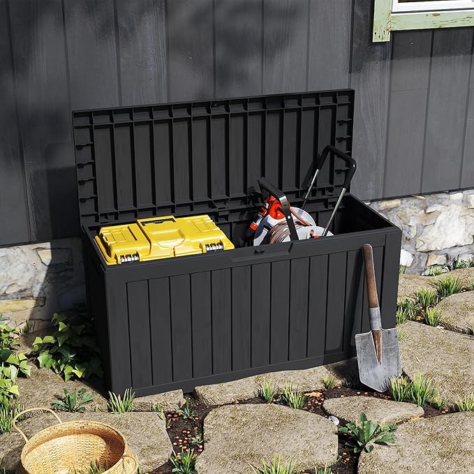 80 Gallon Outdoor Storage Box with Wheels, Waterproof Lockable Resin Deck Box Patio Storage Bin for Pool Accessories Cushion Furniture, Garden Tools, UV-Resistant Outside Delivery Black-VerdiqueGarden