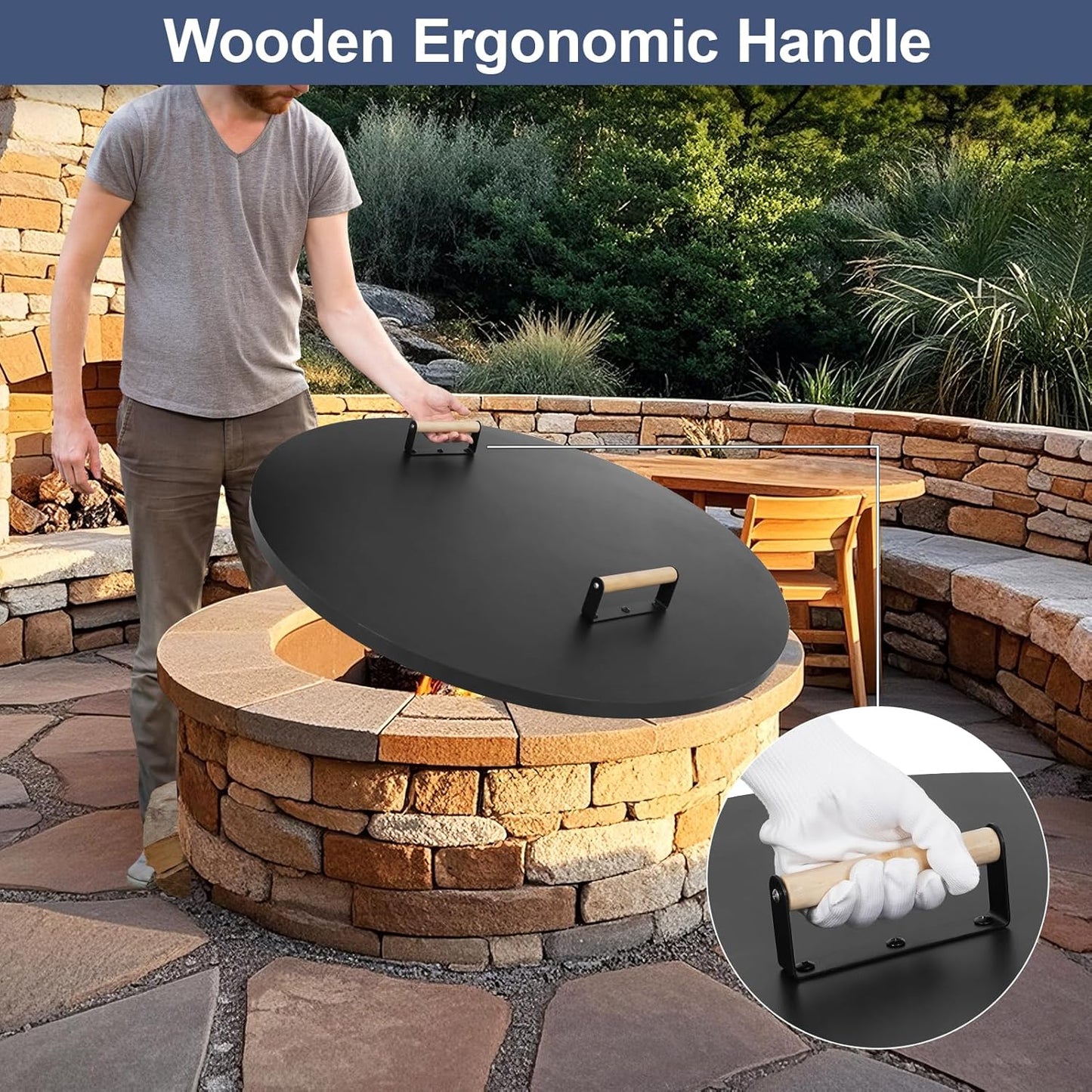 1MORE Fire Pit Lid Round 36" - Metal Firepits Cover with Wooden Handles for Patio Firepits,Rust Resistant 1.5mm Fire Pits Metal Lid, Firepits Accessory, Fire Pits Cover Round, All-season Protective-VerdiqueGarden