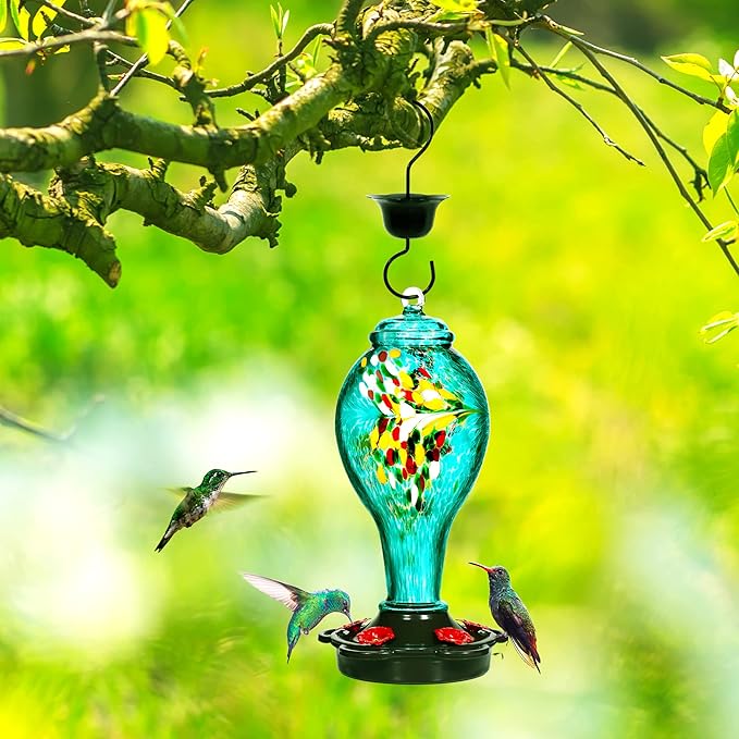 LUJII Hummingbird Feeder for Outdoors, Hand Blown Glass Humming Bird Feeder, Anti Fade Leakproof with 25 Ounces Nectar Capacity, Easy to Install Clean Refill, Include Hook & Ant Moat (Teal)-VerdiqueGarden