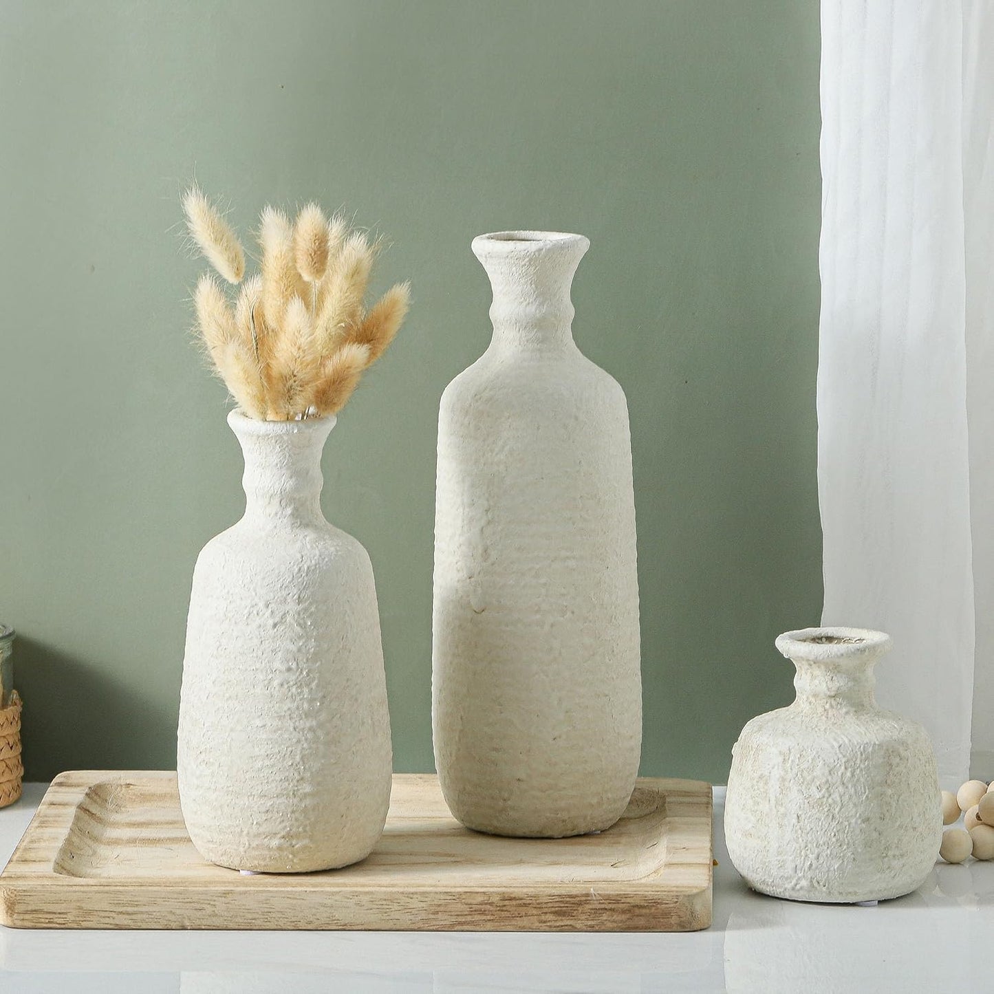 Ceramic Vase Set of 3, Neutral Rustic Vases Home Decor Farmhouse Decorative Vase Whitewashed Pottery Decor Boho Modern for Table Mantel Entryway Bookshelf Living Room Kitchen Bathroom Bedroom - White-VerdiqueGarden