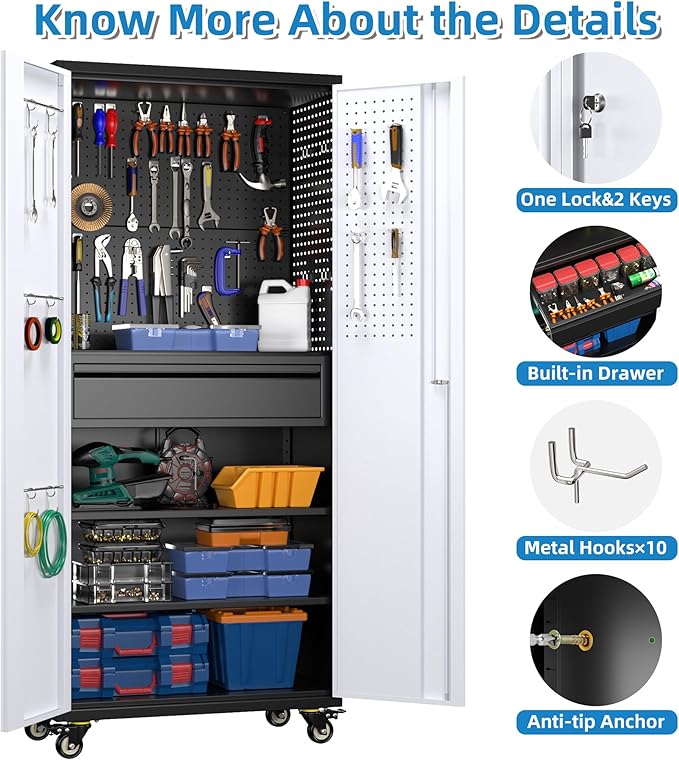 Metal Garage Cabinet with Wheels,71''H Rolling Lockable Steel Tool Storage Cabinet with Pegboard &1 Drawer for Garage,Home,Office,Black Gray, Assembly Required-VerdiqueGarden