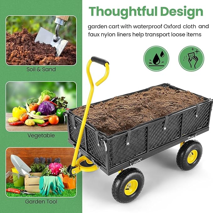 Homdox MAX 880 Lbs Garden Cart, Heavy Duty Foldable Mesh Steel Garden Wagon with 180° Rotating Handle and 10 Inch Tires, Pullable Yard Cart for Yard Garden Beach Farm, Yellow with Bag-VerdiqueGarden