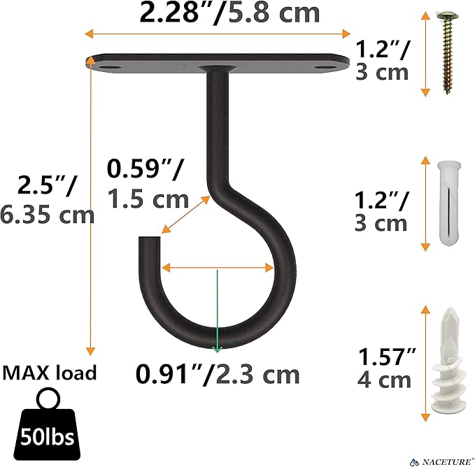 NACETURE Ceiling Hooks for Hanging Plants 2 Pack - Square Wall Mount Plant Hanger Indoor Hanging Hooks Metal Plant Bracket Iron Lanterns Hangers for Wind Chimes, Planters (2.5" Black 2 Pack)-VerdiqueGarden