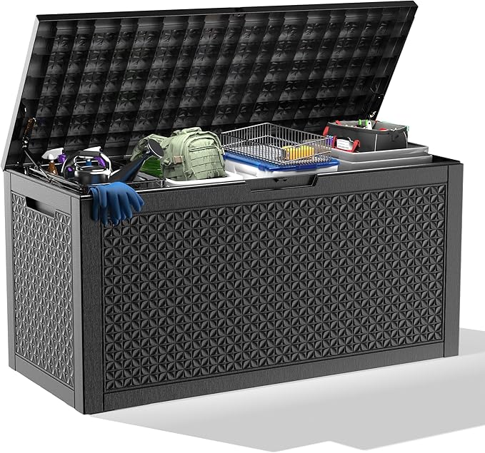 100 Gallon Resin Deck Box, Lockable Outdoor Storage Box for Patio Cushions Storage Furniture,Garden Tools, Pool Supplies, Weatherproof and UV Resistant（Black L）-VerdiqueGarden