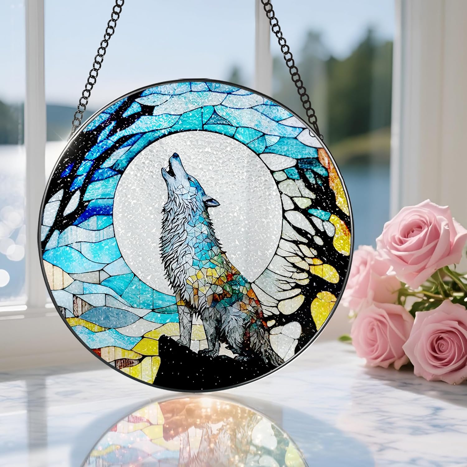 Stained Glass Window Hanging, Stained Glass Suncatcher, Wolf Sun Catcher, Window Decor, Wolf Lover Gift, Gifts for Fathers Day, Christmas or Birthday Gift, Gifts for Men Him Dad Grandfather Son-VerdiqueGarden