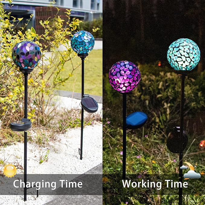 VCUTEKA Solar Garden Decorative Lights Outdoor, Mosaic Solar Light Waterproof LED Pathway Stake Light for Landscape Patio Yard Deck Walkway Decoration, 2 Pack （Blue&Purple）-VerdiqueGarden