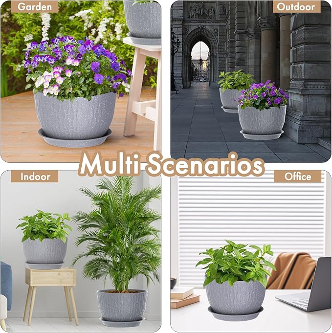 12 Inch Wide Water Ripples Flower Pots for Indoor or Outdoor Plants, Large Plant Pots with Drainage Holes & Saucer, Plastic Planters Set for Garden & Home Decor (Grey with White Speckles)-VerdiqueGarden
