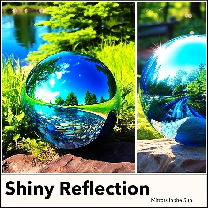 10 Inch Stainless Steel Gazing Globe,v2croft Hollow Ball Mirrored Surface Polished Shiny Sphere,Garden Stainless Steel Gazing Ball for Outdoor Lawn Pond Yard Ornament(Light Blue)-VerdiqueGarden