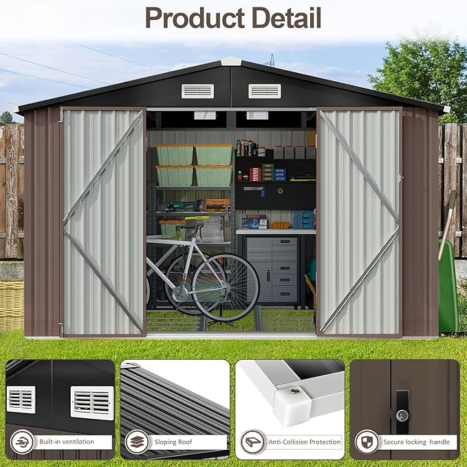 Aoxun 9.4x7.3x6.5 FT Outdoor Storage Shed, Garbage Can, Outdoor Metal Shed for Tool, Garden, Bike, Placed in Patio, Garden Brown Base Included-VerdiqueGarden