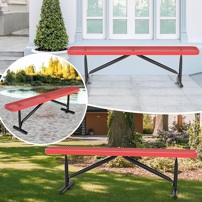 48" L Outdoor Steel Flat Bench, Heavy Duty Metal Park Bench for Outside, Expanded Metal, Commercial Benches Mesh Bench for Shopping Mall, Store, Lawn, Park, Patio, Deck, Garden (Red, 6FT)-VerdiqueGarden