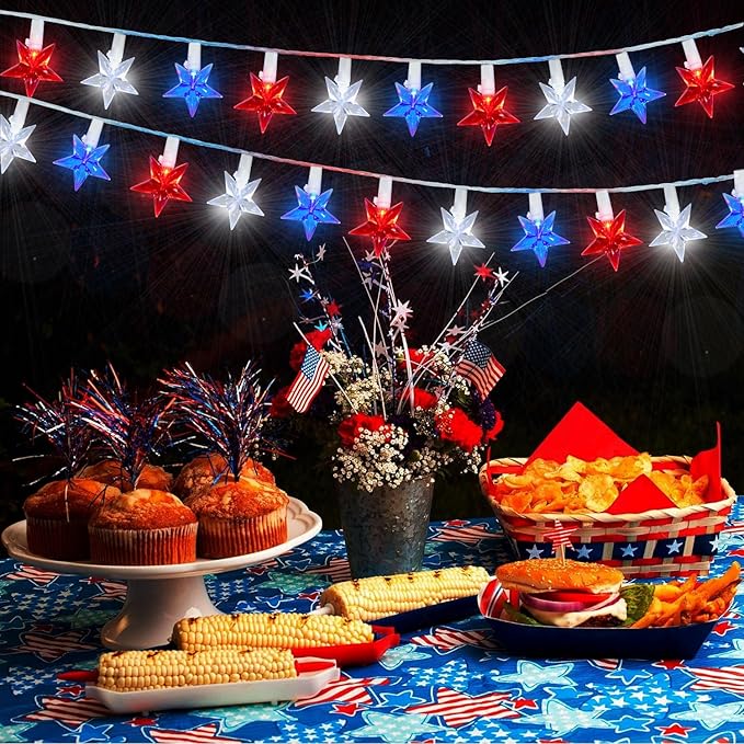 100 LED Red White and Blue Star Lights, 37FT 4th of July Star String Lights Plug in for Home Patio Garden Yard Memorial Day Independence Day Patriotic Decorations Outdoor, White Wire-VerdiqueGarden