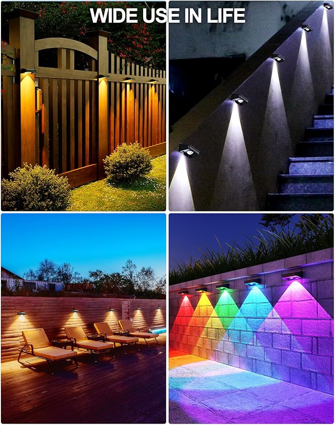 10 Pack Solar Fence Lights - 3 Modes, 9 Colors Outdoor Solar Lights, Waterproof IP 65, 35lm for Step, Stair, Deck, Wall, Patio, Walkway, Porch-VerdiqueGarden