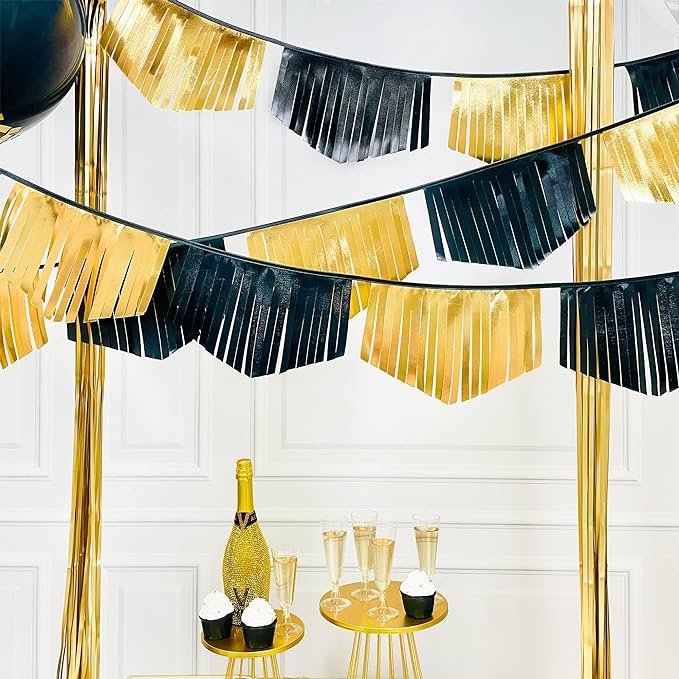 Black and Gold Tassel Banner Double Sided Metallic Fabric Pennant Bunting Flag Garland for Graduation Anniversary Bachelorette Birthday Engagement Wedding Bridal Shower Hen Party Decorations Supplies-VerdiqueGarden