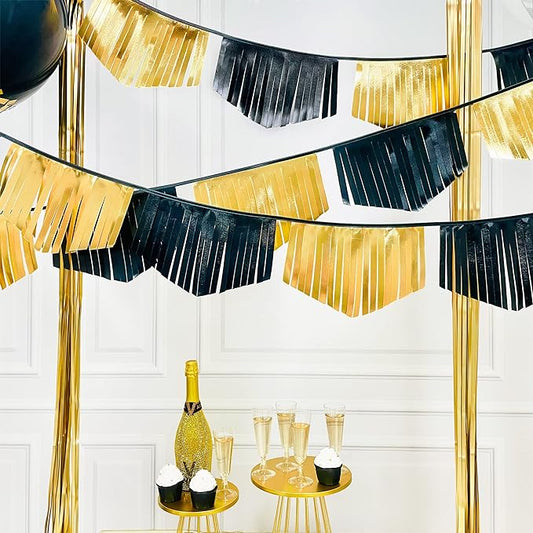 Black and Gold Tassel Banner Double Sided Metallic Fabric Pennant Bunting Flag Garland for Graduation Anniversary Bachelorette Birthday Engagement Wedding Bridal Shower Hen Party Decorations Supplies-VerdiqueGarden