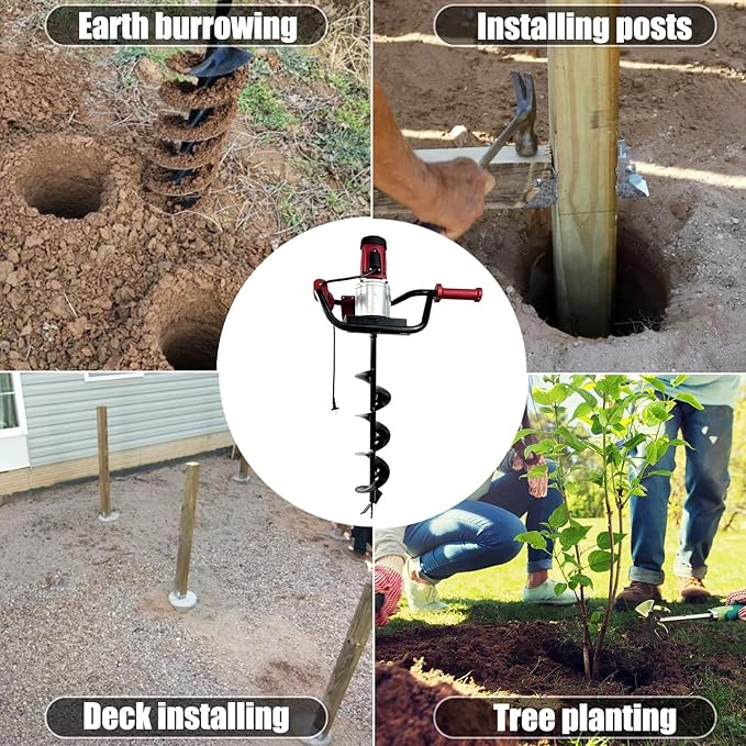 JACKCHEN 1500W Electric Post-Hole Digger with 6-Inch Auger Bit, Earth Auger Drill, Auger Bit Earth Auger, Ideal for Post Hole Digging, Drilling, Tree Planting, Red-VerdiqueGarden
