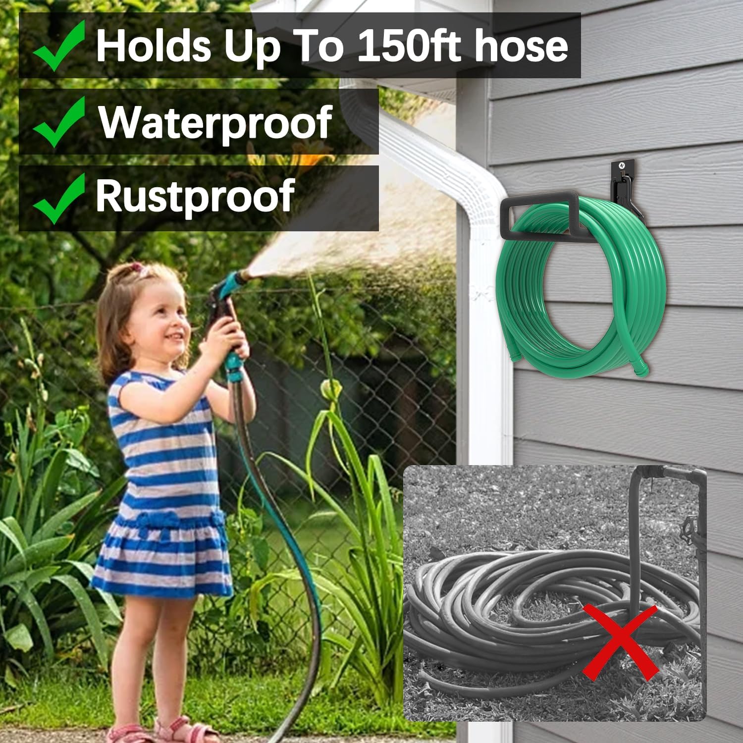 3-H Solid Steel Garden Hose Holder - Wall Mounted Hanger with Extension Strap for Outdoor Water Hoses & More-VerdiqueGarden