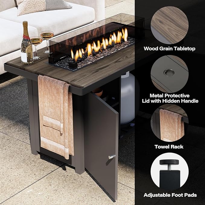 LAUSAINT HOME Propane Fire Pit Table 43 Inch with Lid, 55,000 BTU Gas Fire Pits for Outside Patio with Glass Wind Guard, Gray Glass Beads-VerdiqueGarden