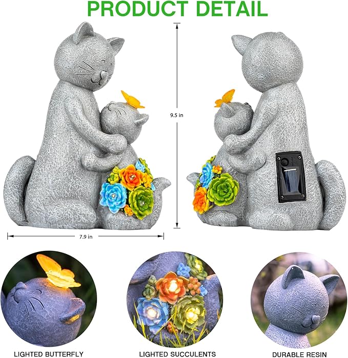 Solar Garden Statues Loving Cat Figurine Lights for Outside, Yard Decorations Outdoor, Garden Christmas Decor Unique Birthday Housewarming Gifts for Mom, Women-VerdiqueGarden