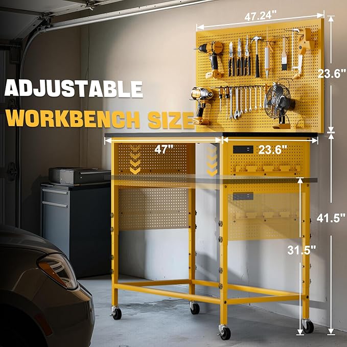 47" Heavy Duty Adjustable Workbench with Power Outlets, Pegboard & Locking Wheels - 2100LB Capacity Garage Work Table, Compatible with DeWalt Battery, Reinforced Steel Frame for Workshop & Home Use-VerdiqueGarden