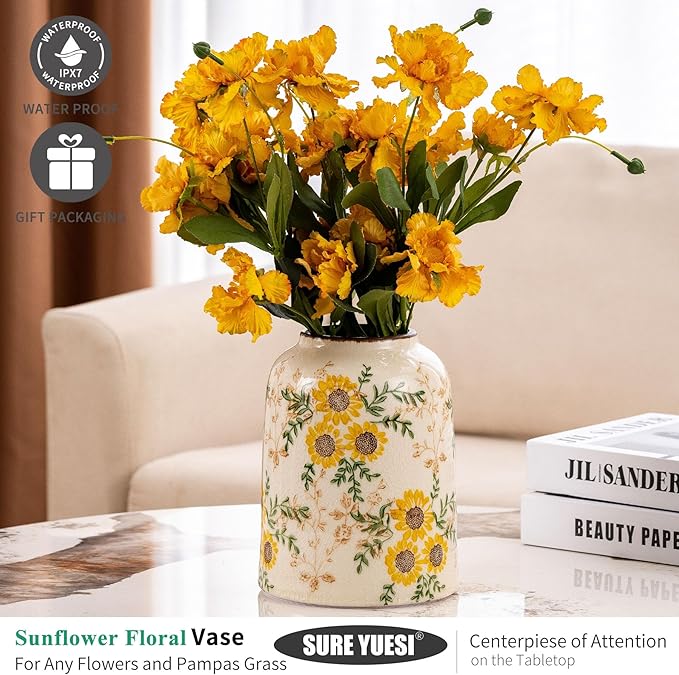 Sunflower Green and Beige Vase, Yellow Ceramic Vintage Vase Cottage Core Home Decor, Cute Floral Centerpiece Vases for Living Room, Bedroom, Kitchen, Table Grand Millennial Decors, Tuscan Decor 7.8In-VerdiqueGarden