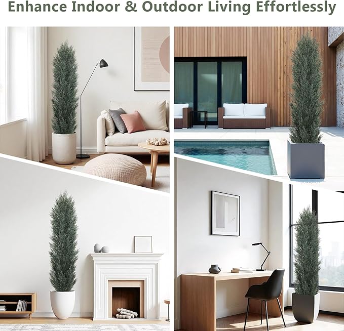 THE BLOOM TIMES 6ft Tall Topiary Trees Artificial Outdoor – UV Resistant Faux Cedar Pine Cypress Bushes and Shrubs, Fake Potted Plants for Front Porch Outside Planter Patio Decor, Set of 2 (6 Foot)-VerdiqueGarden