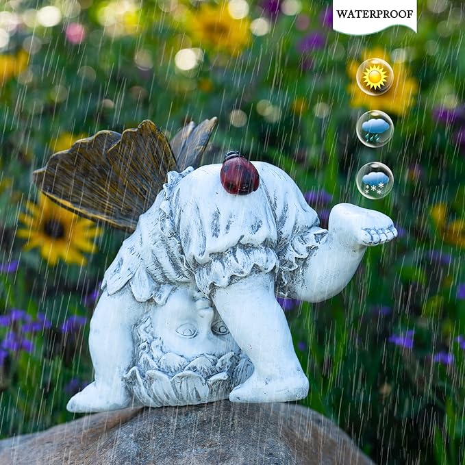 Garden Flower Fairy Outdoor Solar Decor, Resin Ornaments for Patio Lawn Yard Porch, Playful Garden Statue for Outside Angel Gifts, 8.98 Inches Tall-VerdiqueGarden