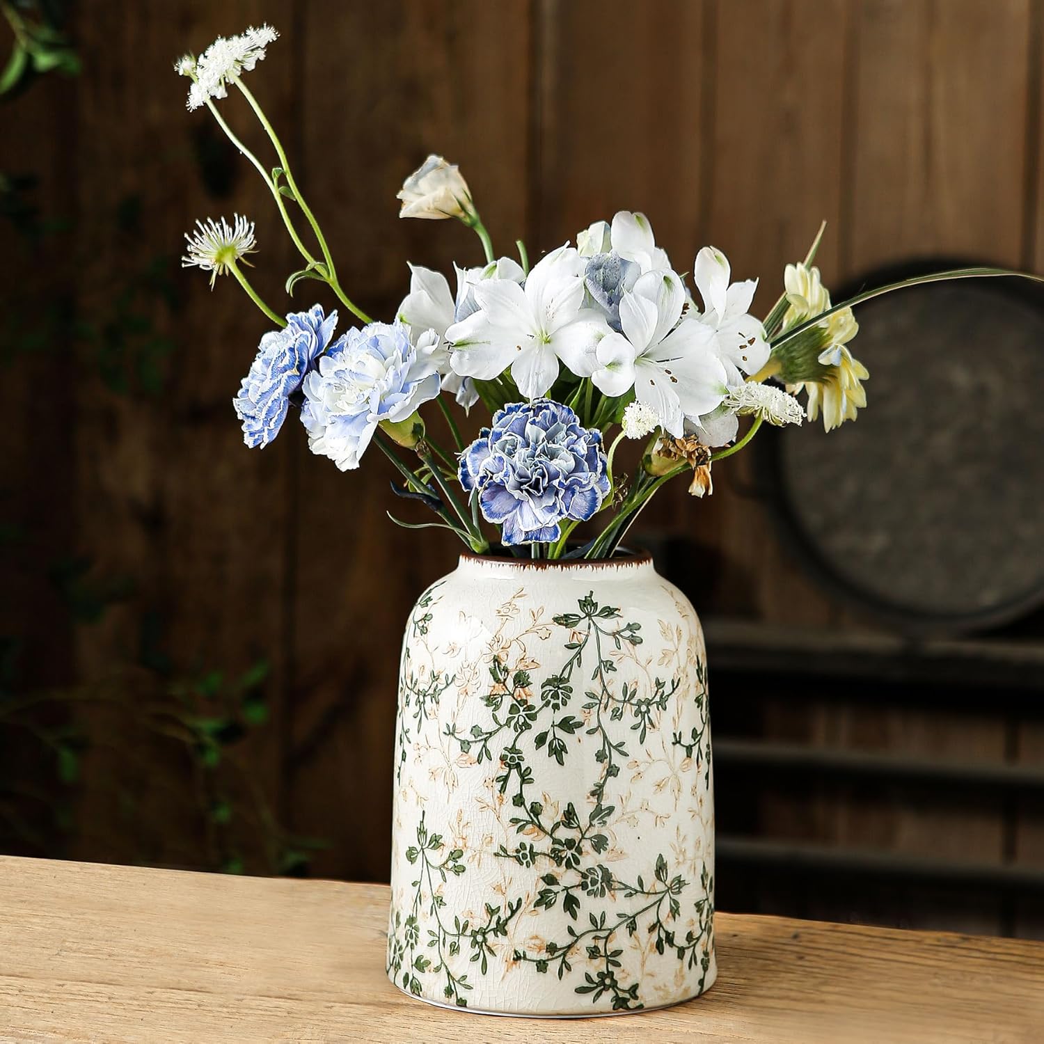 Green Vintage Vase, Chinoiserie Floral Vases, Retro Ice Cracked Ceramic Large Vases for Home Decors, Living Room, Bookshelf, Office, Grand Millennial Decor, Chinoiserie Decors, Tuscan Decor 7.8 Inch-VerdiqueGarden