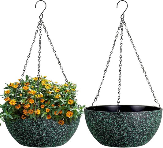 10inch Hanging Planters for Outdoor Indoor Plants with Drainage Holes and Chain, 2 Pack Round Hanging Flower Pots for Garden Home Porch Decor, Black with Green Speckles-VerdiqueGarden