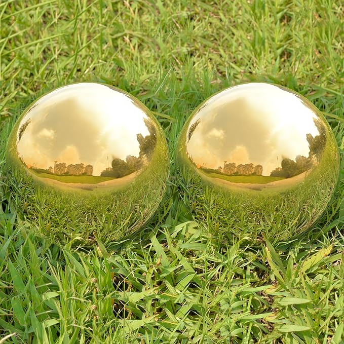 Nerien Gazing Ball, 3.9" Stainless Steel Garden Mirror Globe, Polished Ornament Sphere, Hollow Floating Reflective Hemisphere, Home Outdoor Pond Housewarming Swimming Pool Decoration, Gold, 2pcs-VerdiqueGarden