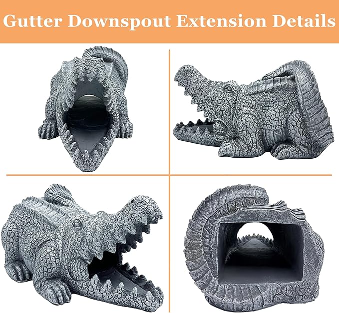 Realistic Crocodile Statue, Garden Rain Downspout Diverter, Splash Block & Gutter Extender, Decorative 3"x4" Gutter Extension, Outdoor Decor Sculpture, Unique Gutter Downspout Decoration-VerdiqueGarden