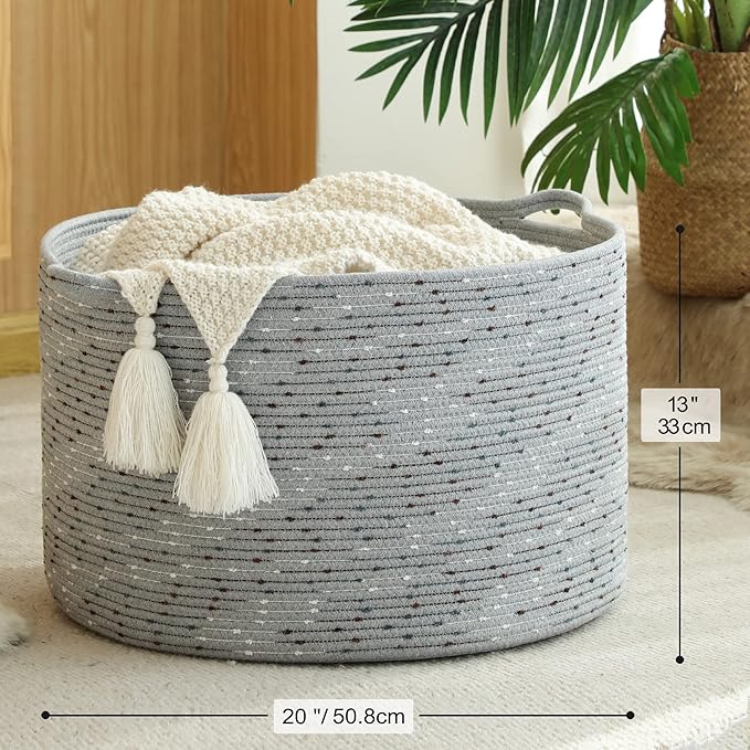 KAKAMAY Large Blanket Basket (20"x13"),Woven Baskets for storage Baby Laundry Hamper, Cotton Rope Blanket Basket for Living Room, Laundry, Nursery, Pillows, Grey with Blue & Brown Dotted-VerdiqueGarden