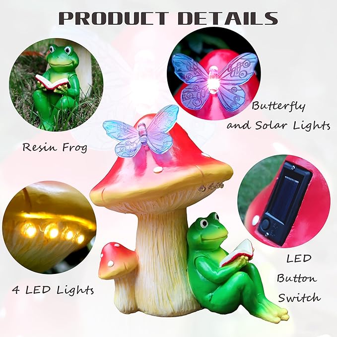 Solar Frog Mushroom Garden Statues,Resin Frog Mushroom Reading a Book Figurine with LED Solar Lights, Lawn Decor Outdoor Statue for Patio,Balcony,Yard,Lawn Ornament-VerdiqueGarden