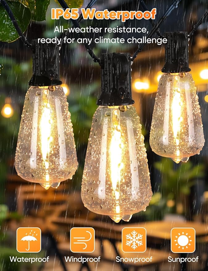 Brightever 50FT Outdoor String Lights with Remote, LED String Lights for Outside with 16 Shatterproof ST38 Vintage Edison Bulbs, 3 Modes 2 Timer Dimmable Outside Lighting for Patio, Gazebo, Deck, Yard-VerdiqueGarden