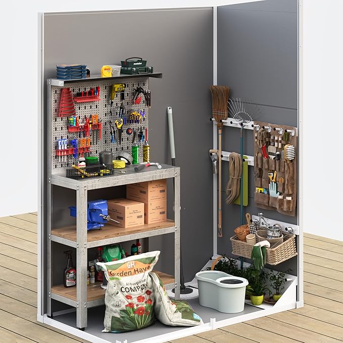 UDPATIO Outdoor Storage Shed 5x3 FT, Plastic Garden Shed for Bike, Garbage Can, Tool, Outside Sheds & Outdoor Resin Shed with Lockable Door for Backyard, Patio, Lawn, Grey & White-VerdiqueGarden